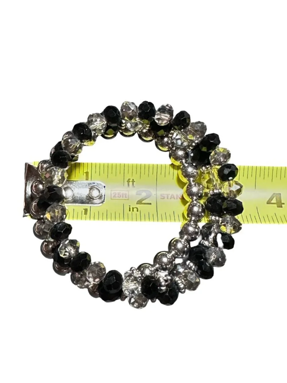 Wrap Bangle Bracelet Black White Silver Tone Beaded Lightweight Womens Jewelry